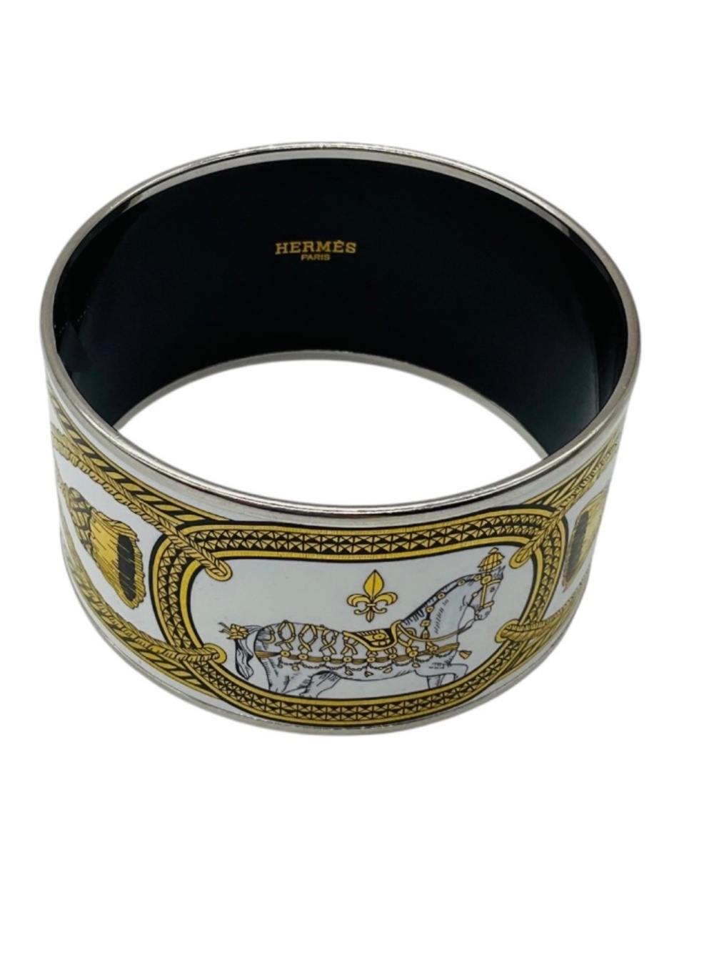 HERMES WHITE / GOLD / BLACK GRAND APPARAT PRINT ENAMEL EXTRA WIDE BANGLE BRACELE